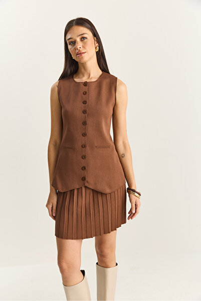 Bianco Lucci Women's Crew Neck Buttoned Knitwear Vest Pleated Mini Skirt Top and Bottom Set 280017-18 60283872