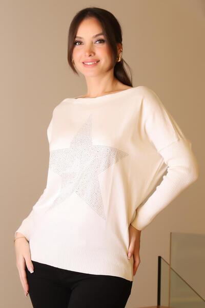 Nazen Giyim TAŞLI YILDIZ BASKILI EKRU KADIN TRİKO KAZAK 602-2K5