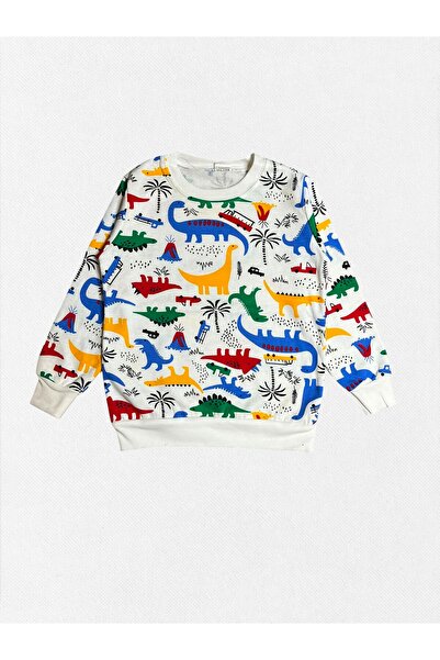 Pajama Shop Boys' Cotton Fabric White Color Fleece-Lined Dinosaurs Patterned Long Sleeve Winter Pajamas Set