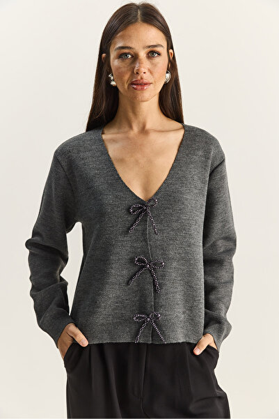 Bianco Lucci Women's Pearl Bow Accessory V-Neck Knitwear Cardigan Th251070 60283885