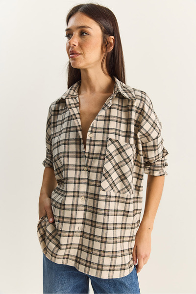 Bianco Lucci Women's Plaid Patterned Stone Printed Relaxed Shirt 2166 60283877