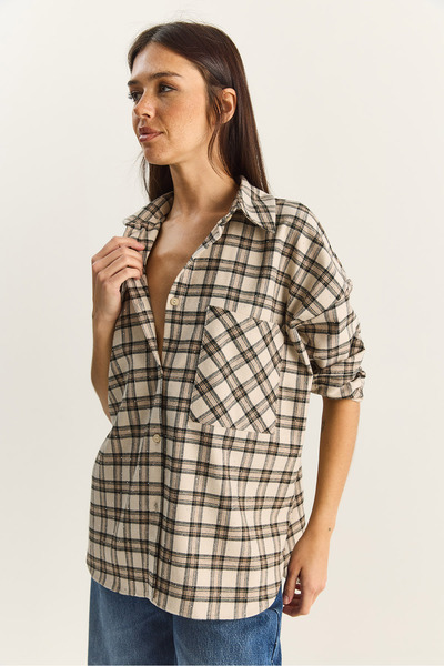 Bianco Lucci Women's Plaid Patterned Stone Printed Relaxed Shirt 2166 60283877