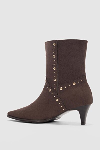 selin shoes Aurelis Short Heeled Pointed Toe Women's Boots - Brown Suede