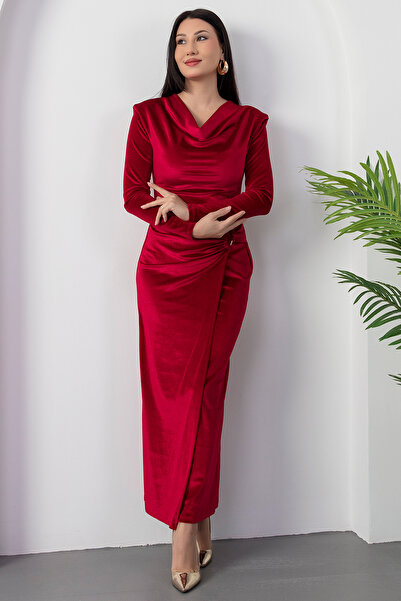 PULLIMM Degaje Yaka Shoulder Shoulder Pad Piece Long Sleeve Velvet Dress 2025-4397