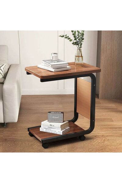 Teknova Mobile side table with wheels, metal & wood, C-shape, 40×30×62 cm, with magazine pocket