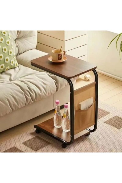 Teknova Mobile side table with wheels, metal & wood, C-shape, 40×30×62 cm, with magazine pocket