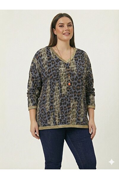 della moor Gray Italian Plus Size Leopard Print Blouse with Necklace, Sizes 42 - 48