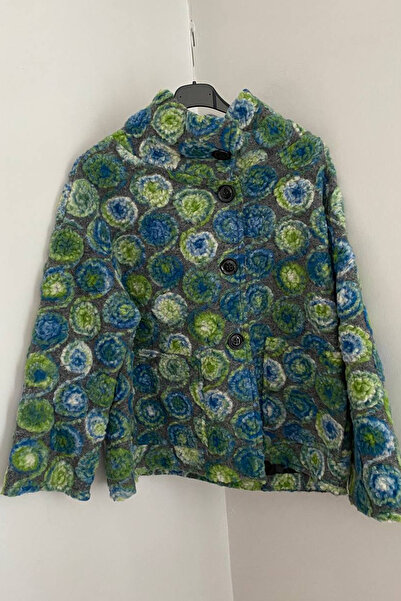 AYASOFYA OTANTIK Дамско италианско палто от филц с сини спираловидни мотиви и джобове с копчета