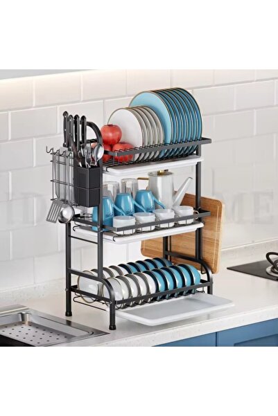 Razo 3-Tier Stainless Steel Dish Rack, Matte Black, 40×25×60 cm with Cutlery & Cutting Board Holders
