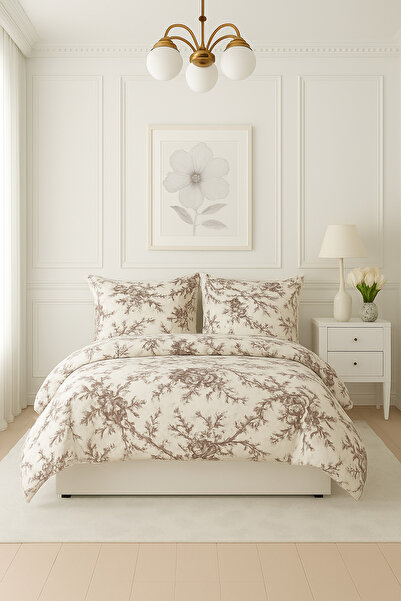 İQON 100% Cotton Duvet Cover Set with Flat Sheet Double Size Dallarr Kahvee