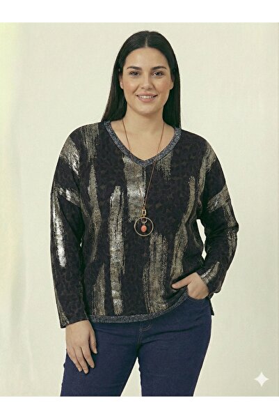 della moor Black Italian Plus Size Leopard Print Blouse with Necklace 42 - 48 Size