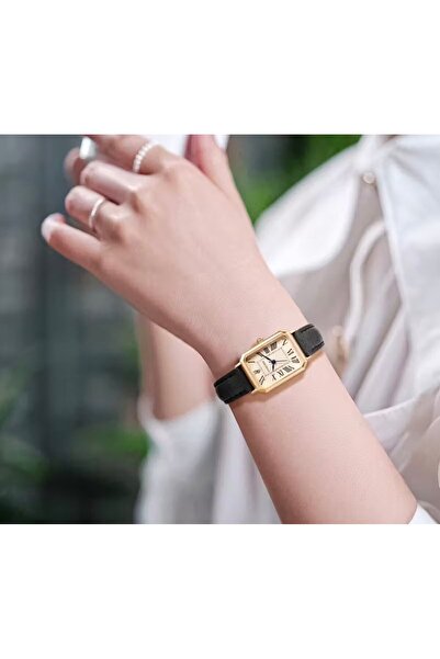 Store Women's Wrist Watch Black Leather Cord Gold Dial