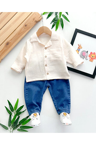 hümabebe Ceket yaka muslin gömlekli kot pantolonlu mevsimlik 2li takım