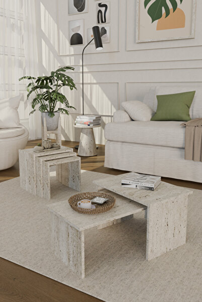 Estoria Home Terra Traverten Desen 3'lü Zigon Sehpa Takımı ve 2'li Orta Sehpa...