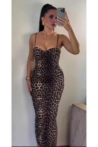 euro click Leopar Desenli İnce Askılı Yırtmaçlı Gloplu Taşlı Elbise