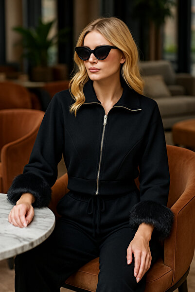 DESS DESIGN Women's Cardigan with Fur Sleeves and Zipper