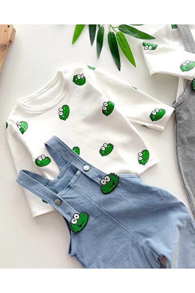 hümabebe Cute Crocodile Faces Printed Shoulder Straps with Snap Fasteners Transitional Denim Fabric 2-Piece Salopet Set