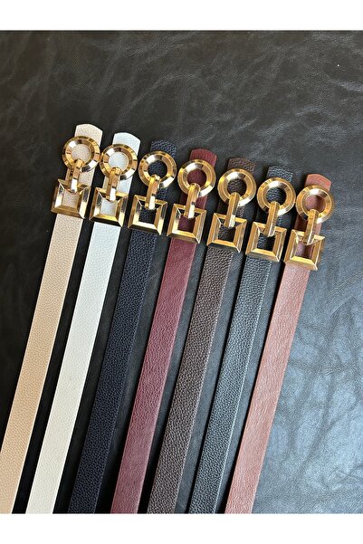 LİA KEMER 7-Piece Spire Interlocking Ring Pattern Women's Gold Buckle Belt Coat Belt Dress Belt Trouser Belt