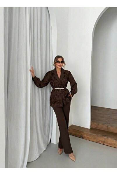 1Moda1Tarz Women's Imported Fabric Top with Rose Pattern Sleeves, Chiffon, Stone Belt Detail, Lined, Special Design Suit