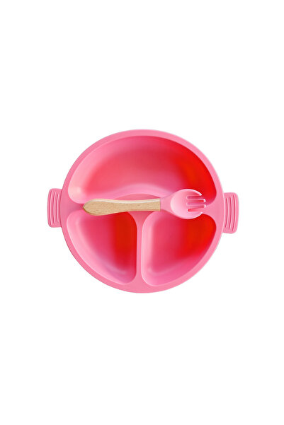 NO BRAND Silicone baby plate and fork set with suction cup - Pink, BPA free