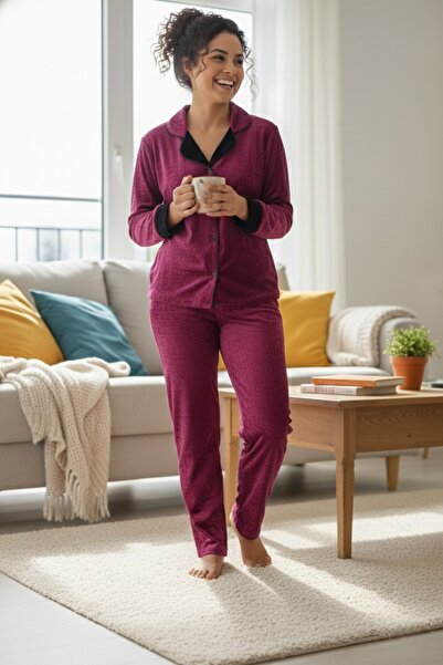 Miss Dünya Lissa Shirt Collar Front Buttoned Long Sleeve Velvet Women's Pajam...