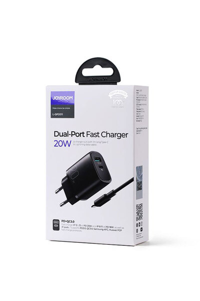 Joyroom Зарядно устройство (L-QP2011) Захранващо + USB-C кабел, 20W, 2xUSB-C,...