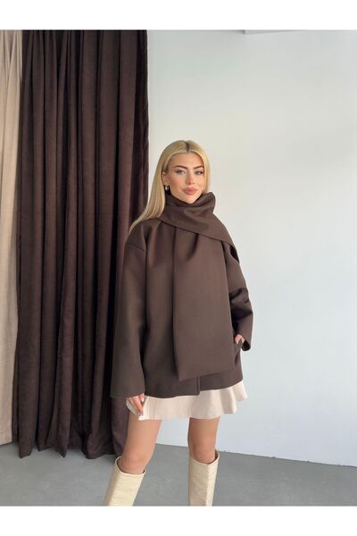 TRENDLİA Kadın Çıkarılabilir Şal Detaylı Kaşe Kaban