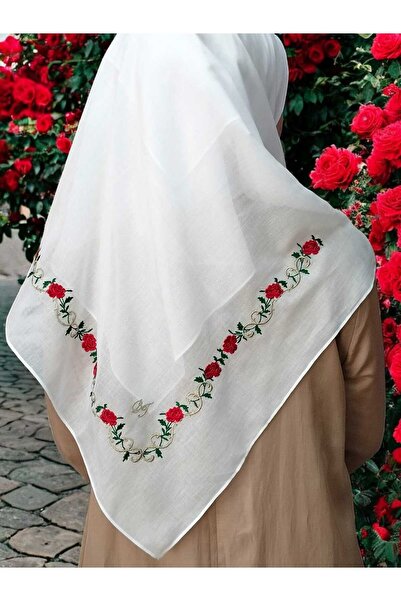 BAŞ TASARIM Nakışlı, Kare İşlemeli Beyaz Pamuklu Tülbent