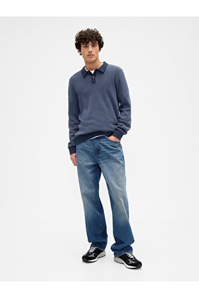 GAP Erkek Lacivert Relaxed Textured Polo Kazak Gömlek