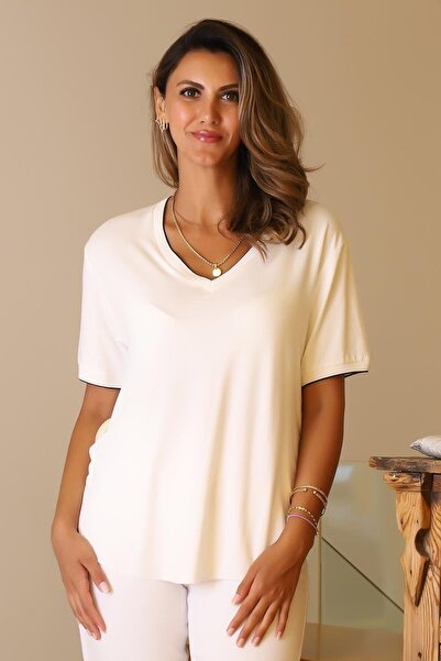 Nazen Giyim V-Neck Line Detail Ecru Women's Knitwear Bluse 739-2Y5