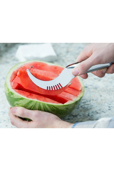 MaffStuff 2in1 Slicer Knife with Tongs for Cutting and Serving Watermelon, Stainless Steel, 22 cm
