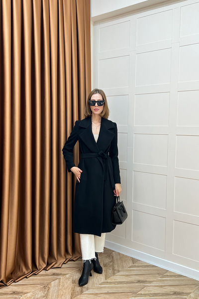 Stilife Premium Kuşaklı Kaşe Kaban Siyah