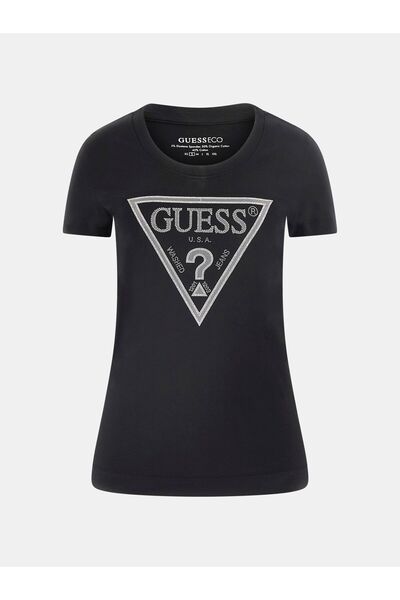 Guess Kadın Parlak Üçgen Logolu Siyah T-shirt