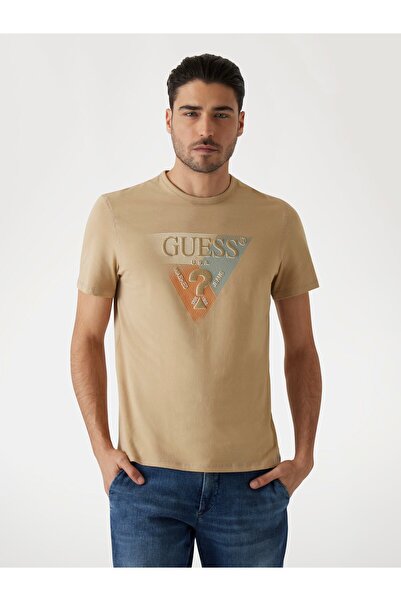Guess Bisiklet Yaka Desenli Bej Erkek T-Shirt M5RI14J1314C1C2 SS CN TRI ST