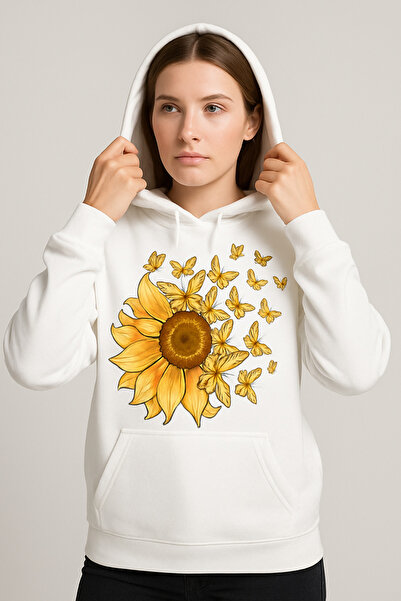ocke White Sunflower and Butterfly Printed Kangaroo Pockets Hooded Women Hoodie