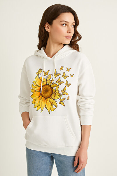 ocke White Sunflower and Butterfly Printed Kangaroo Pockets Hooded Women Hoodie