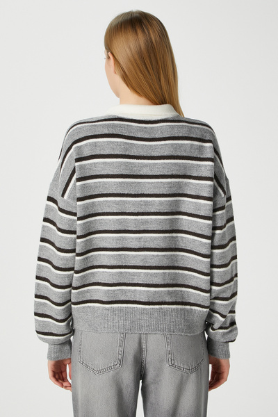 Ritnice Women's Otto Soft Textured Polo Neck Gray Bitter Brown Ecru Striped Sweater