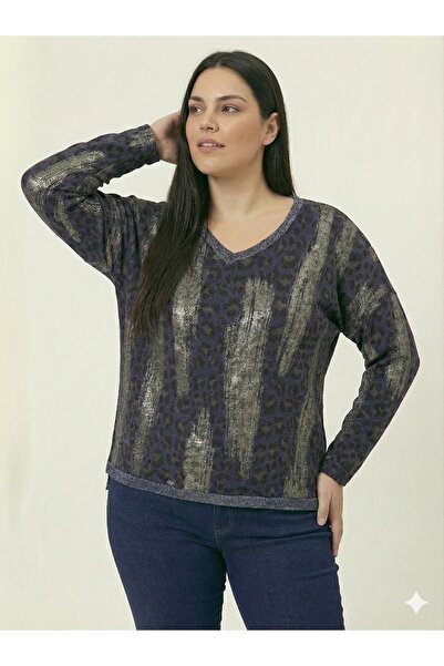 della moor Navy Blue Italian Plus Size Leopard Print Blouse with Necklace 42 - 48 Size