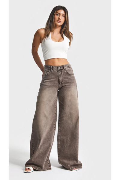 komera Blugi palazzo fit pentru femei, culoare cafea, cu aspect patinat