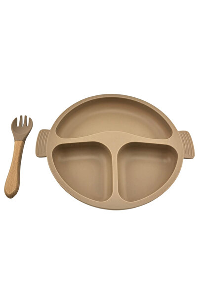 NO BRAND Silicone baby plate and fork set with suction cup - Beige, BPA free