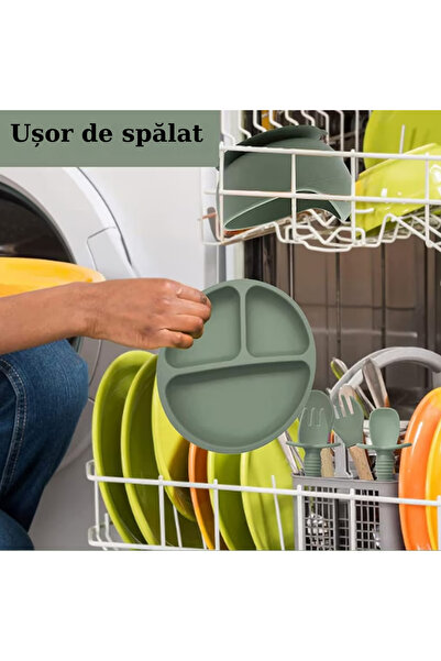 NO BRAND Silicone baby plate and fork set with suction cup - Green, BPA free