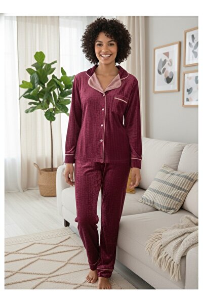 Miss Dünya Lissa Plum Shirt Collar Front Buttoned Long Sleeve Velvet Women's ...