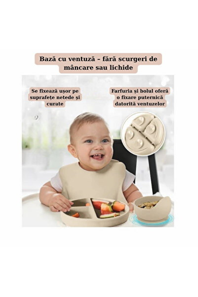 NO BRAND Silicone baby plate and fork set with suction cup - Beige, BPA free