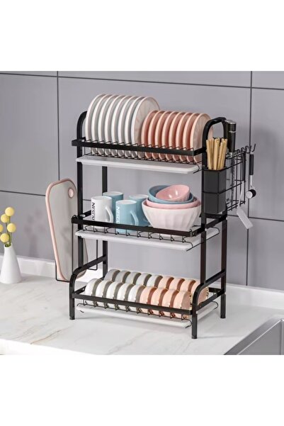 Razo 3-Tier Stainless Steel Dish Rack, Matte Black, 40×25×60 cm with Cutlery & Cutting Board Holders
