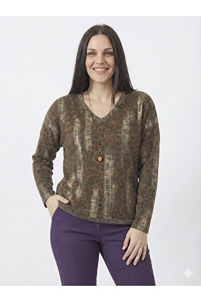 della moor Italian Brown Plus Size Leopard Print Blouse with Necklace 42 - 48 Size