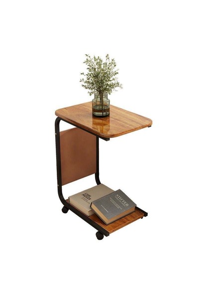 Teknova Mobile side table with wheels, metal & wood, C-shape, 40×30×62 cm, with magazine pocket