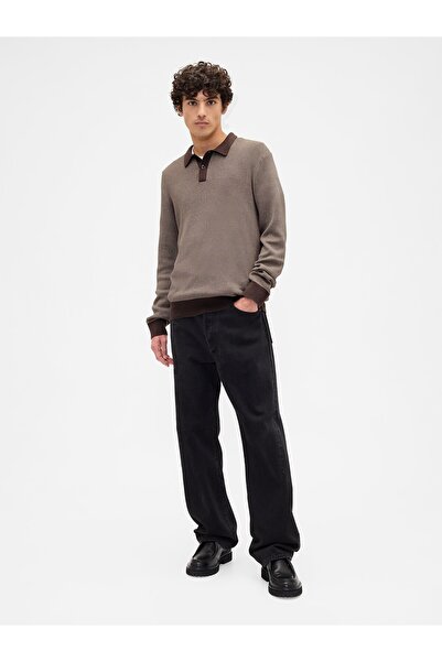 GAP Erkek Kahverengi Relaxed Textured Polo Kazak Gömlek