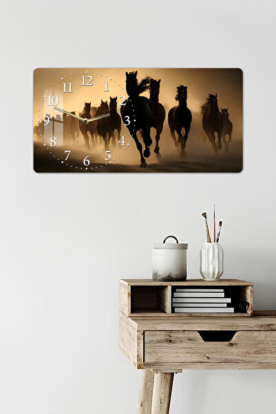 kutuTR 3D Görünümlü 2D UV Baskı Yatay Temperli Cam Saat Tablo – Koşan Atlar Silüeti – 60x30 cm-YSL016
