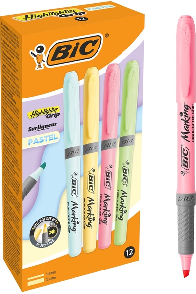 Bic Brite Liner Grip Highlighter Assorted Pastels 12 pcs/set