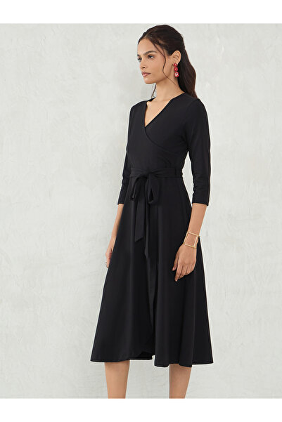 Styli Black Knit Wrap Midi Dress